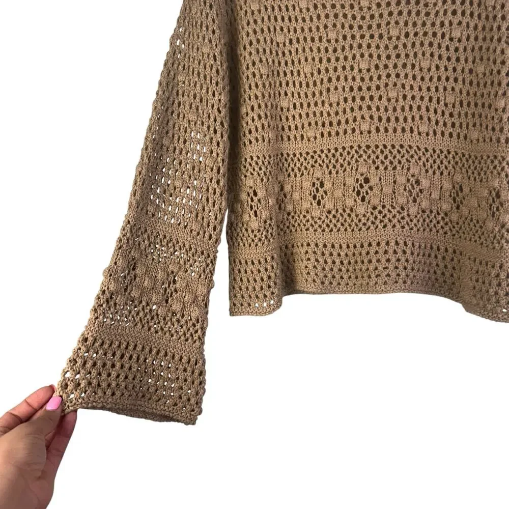 Zara Crochet‎ Knit Sweater Tan Boho Small Oversize Beachy Costal Flounce Sleeve